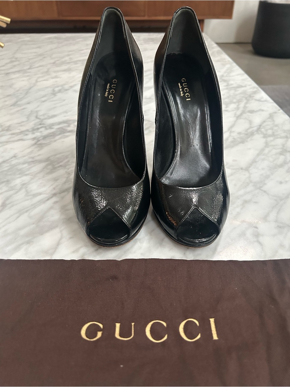 Gucci Black Patent Leather Peep-Toe Heels Size 41